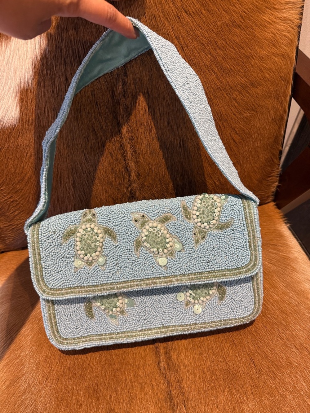 Beaded Sea Turtle Shoulder Bag in Light Blue